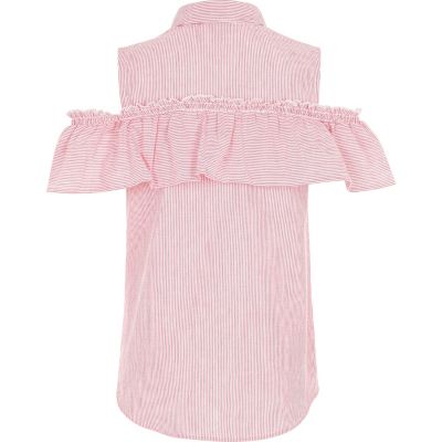Girls pink stripe cold shoulder frill shirt